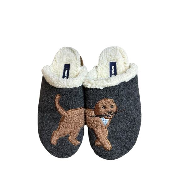 Lands End Felt Scuff Slippers Fetching Dog Sz 7B Faux Fur Rubber Sole Holidays - Picture 1 of 10